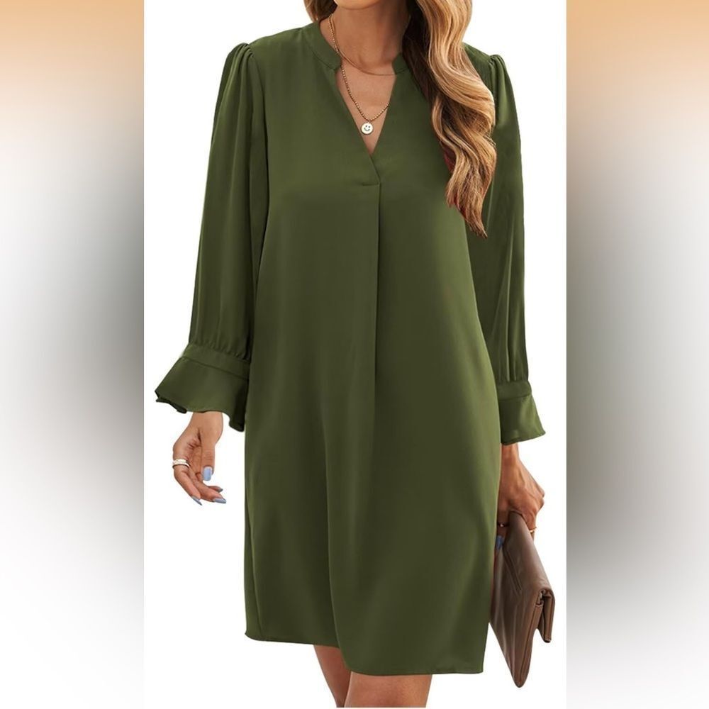 Size Med Long Sleeve V Neck Casual Cute Loose Flowy Swing Shift Dresses